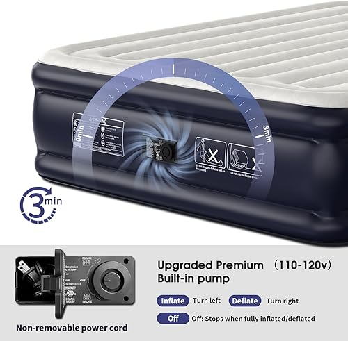 Miniatura 6 de Colchón de aire Queen con bomba incorporada, colchón inflable de 18 pulgadas de vigas verticales, colchón inflable autoinflable/deflador en 3 Azul