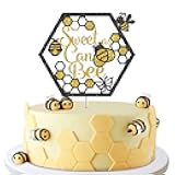 Sweet As Can Bee Sign Cake Topper, Happy Birthday Party Decor, Bumble Bee Honey, Baby Shower, Mommy to Be, Gender Reveal, Engagement Party Decoration Supplies Photo Booth Props - Glod & Black Glitter