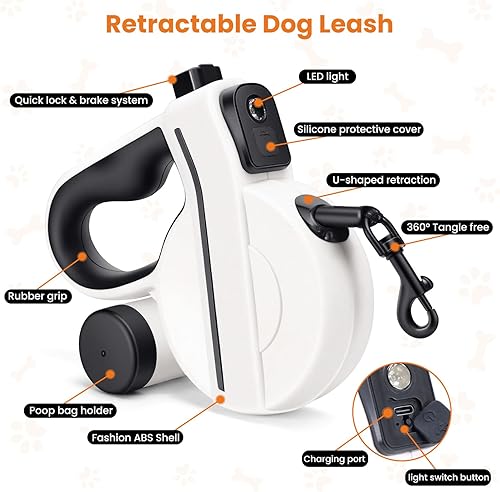 Miniatura 5 de Correa retráctil para perro con luz LED cargada por USB y cinta reflectante, correa resistente de 16 pies para mascotas con soporte para bolsa de