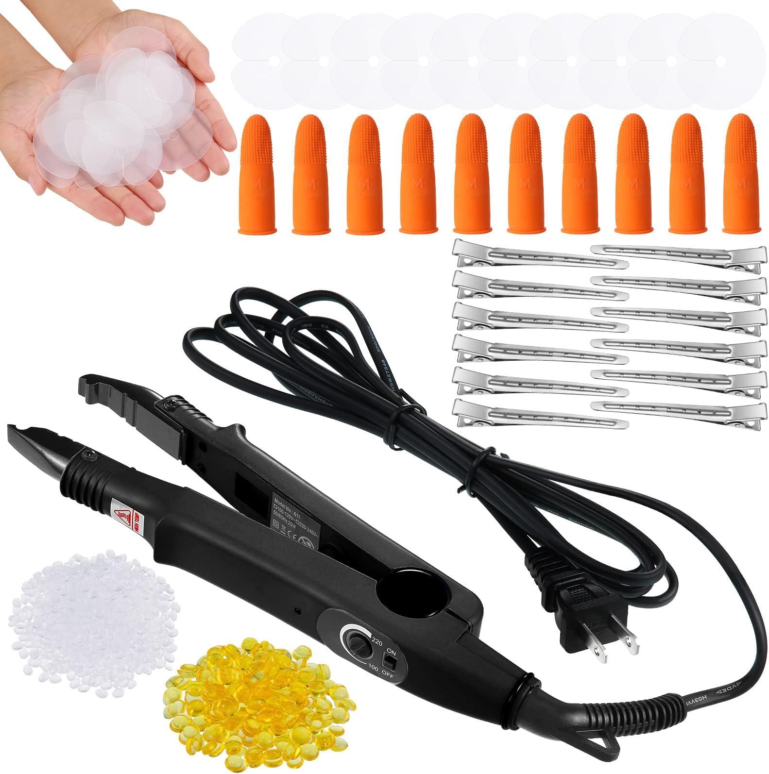 Hair Extensions Iron Fusion Keratin Hair Extensions Heat Tool Heat Connector Wand with Fusion Glue Protector Template Hair Clip Finger Protector 2 Bag Keratin Glue Granule Bead(Black)