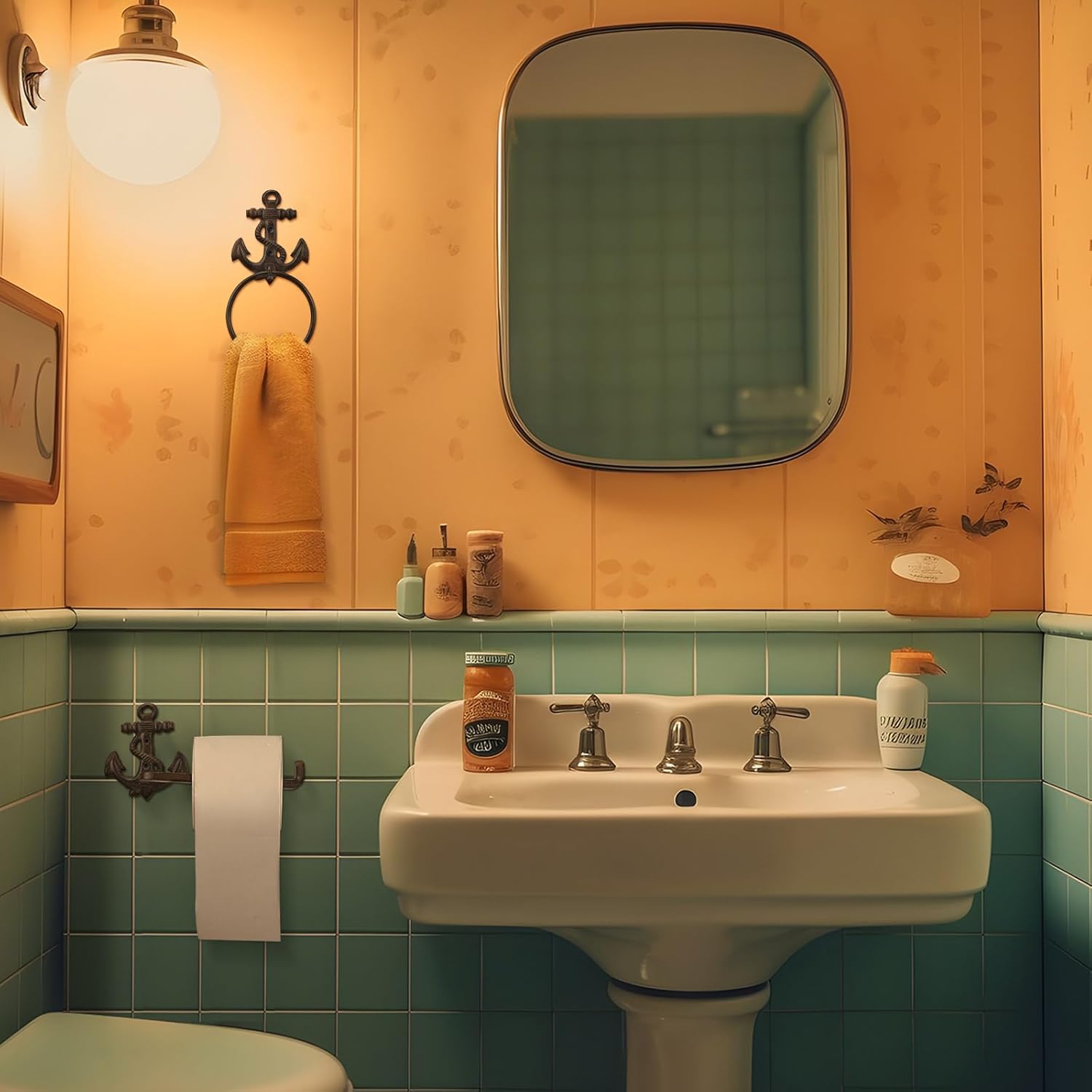 2 Pcs Vintage Cast Iron Nautical Theme Anchor Towel Holder and Toilet Paper Holders Solid Coastal Towel Rings Bathroom Kitchen Decor for Hanging Toilet Paper Wash Cloth