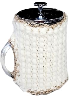 French Press Cozy Cover, Insulating - Cafetiere Cosy, Bean Belt Wrap, Teapot Warmer, Real Country Knit Wool, Reversible, 1L - Cream, Natural, Off White