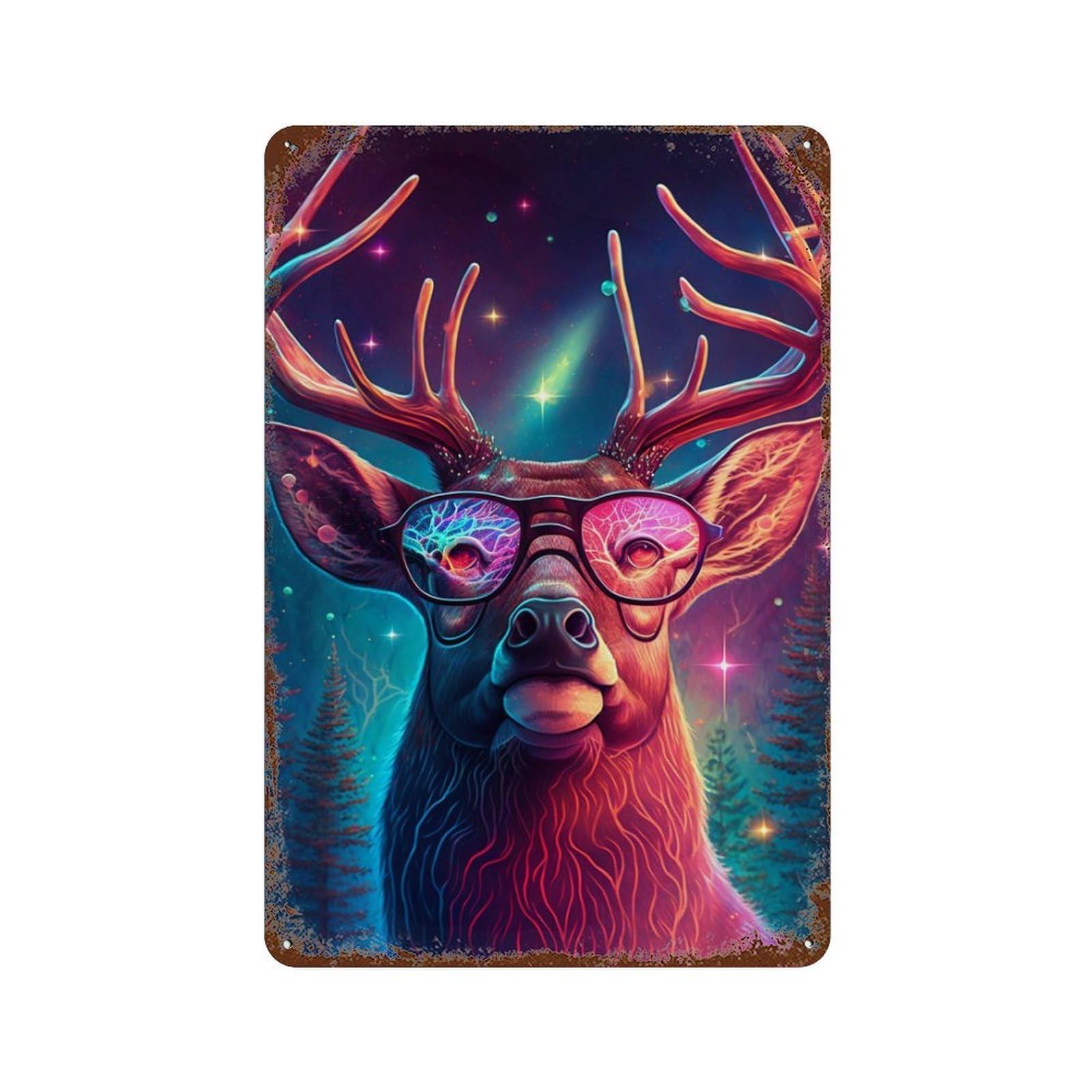 Enchanted Forest Deer with Glasses Weathered Tin Sign 11.8"x7.9", Industrial Home Decor for Basement, Hobby Room And Garage Decor