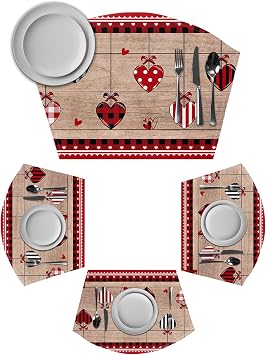 Retro Wooden Grain Sector Placemats Set of 2, Wedge Shaped Place Mats - Heat Insulation Round Table Mats for Kitchen Dining Dinner Party Table Decoration Valentines Day Love Hearts