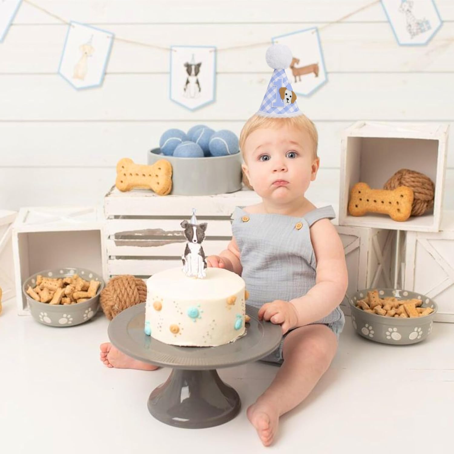 Puppy 1st Birthday Hat - Let's Pawty First Birthday Decorations,Blue Gingham Dog Themed Party Hat,One Cute Dog Bday Decoration,Puppy Party Headwear Photo Props