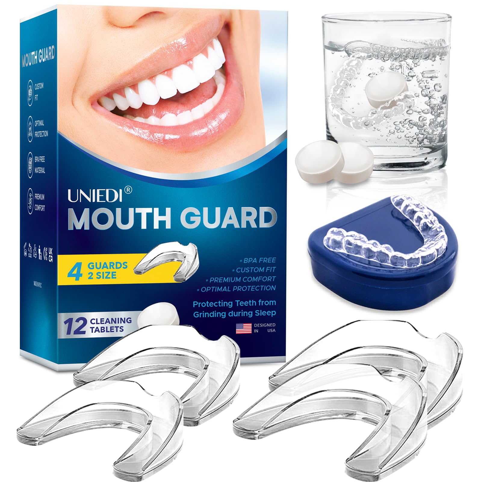 Anti Grinding Guard, Mouth Guard for Grinding Teeth at Night, Mouth Guard for Clenching Teeth at Night, Night Guards for Teeth Grinding with 12 Cleaning Tablets