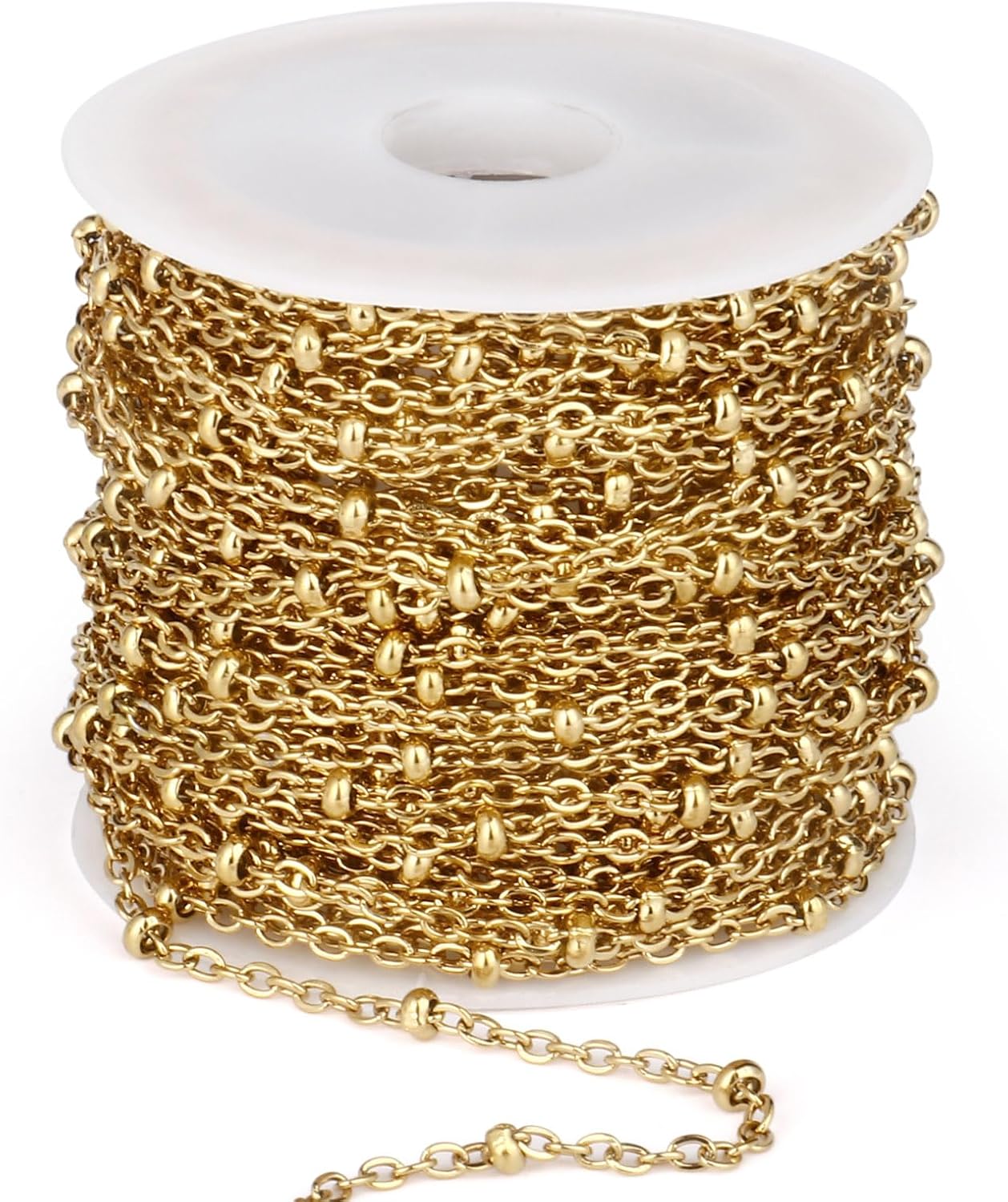 33 Feet 18K Gold PVD Plated Satellite Chain Roll, 2mm 304 Stainless Steel Gold Ball Beaded Cable Link Chains Spool Bulk for Jewelry Making DIY Craft