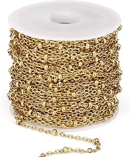 33 Feet 18K Gold PVD Plated Satellite Chain Roll, 2mm 304 Stainless Steel Gold Ball Beaded Cable Link Chains Spool Bulk for Jewelry Making DIY Craft