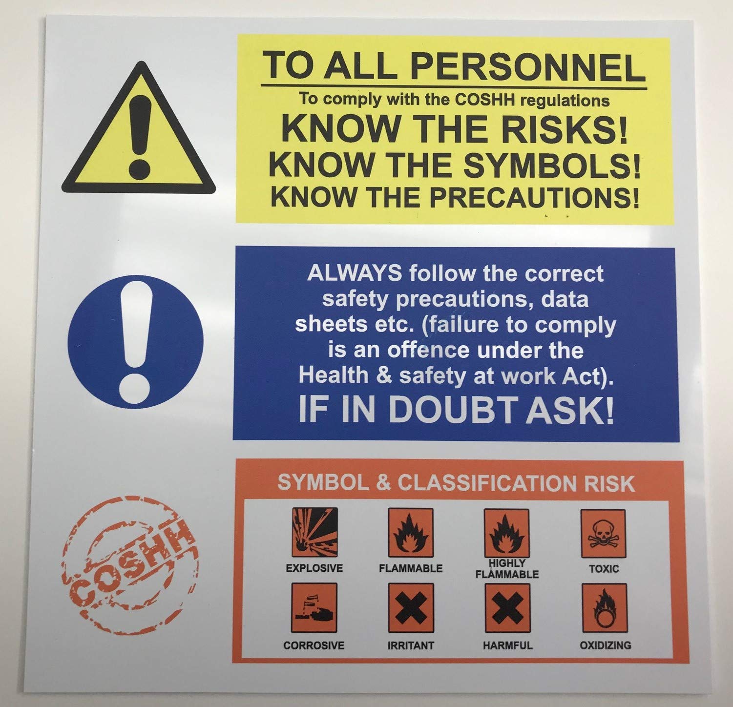 Kpcm Display Ltd To All Personnel. To Comply With Coshh Regulations. Know The Risks! - Warning Sign 1.2Mm Rigid Plastic 200Mm X 200Mm