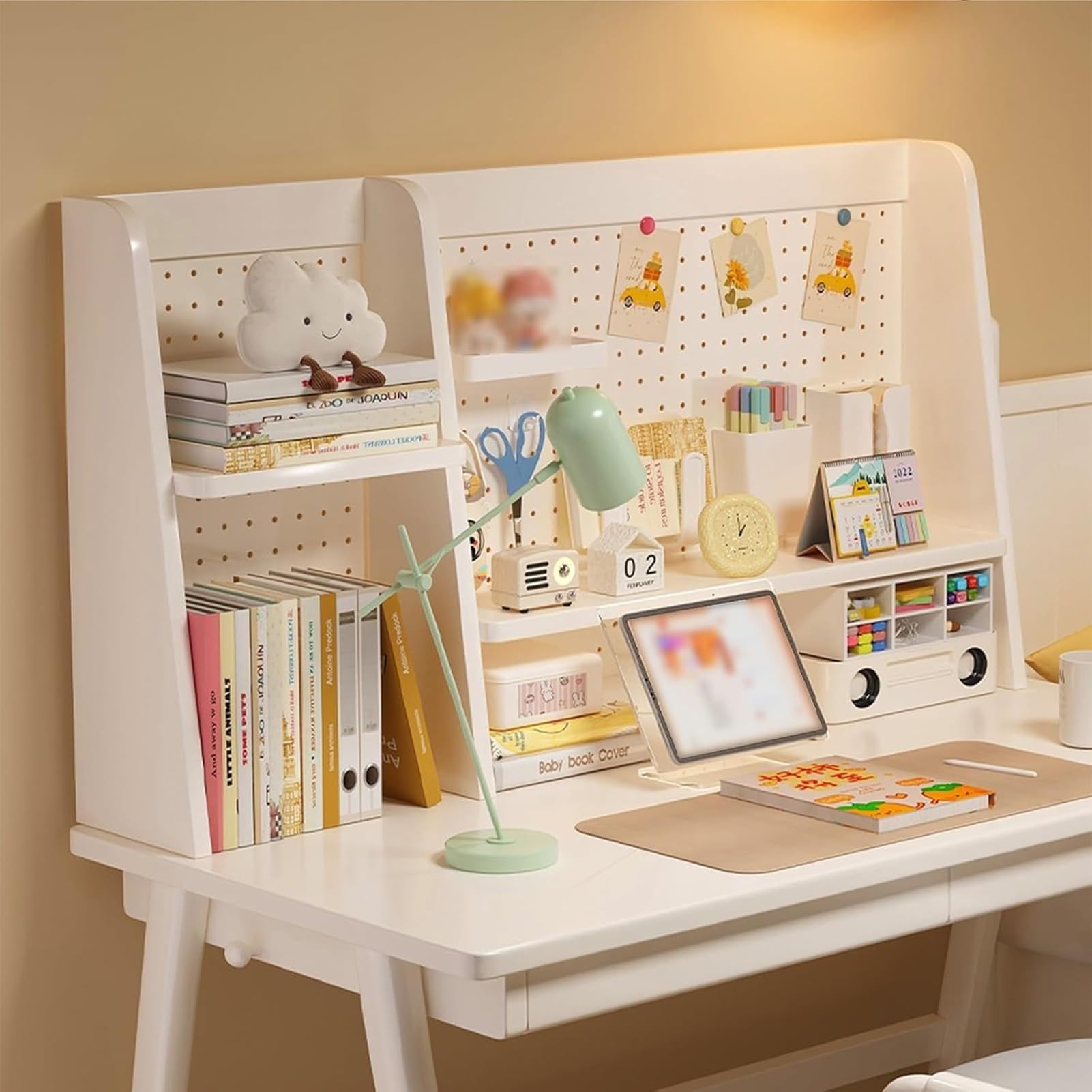 JOUFNING Solid Wood Computer Desk Bookcase - Ladder Desktop Bookshelf, Multipurpose Desk Hutch Storage Organizer, with Metal Pegboard, for Home Office Dorm(White,75cm/30in)