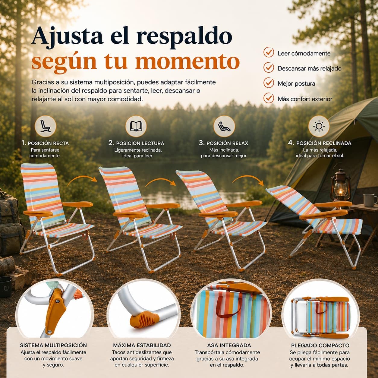 Silla de Camping Respaldo Alto - Plegable y Reclinable - para Playa, Terraza, Piscina, Jardín - 37cm Altura Asiento - Ocre a Rayas - con Asas de Fácil Transporte y Reposabrazos - Textileno y Aluminio