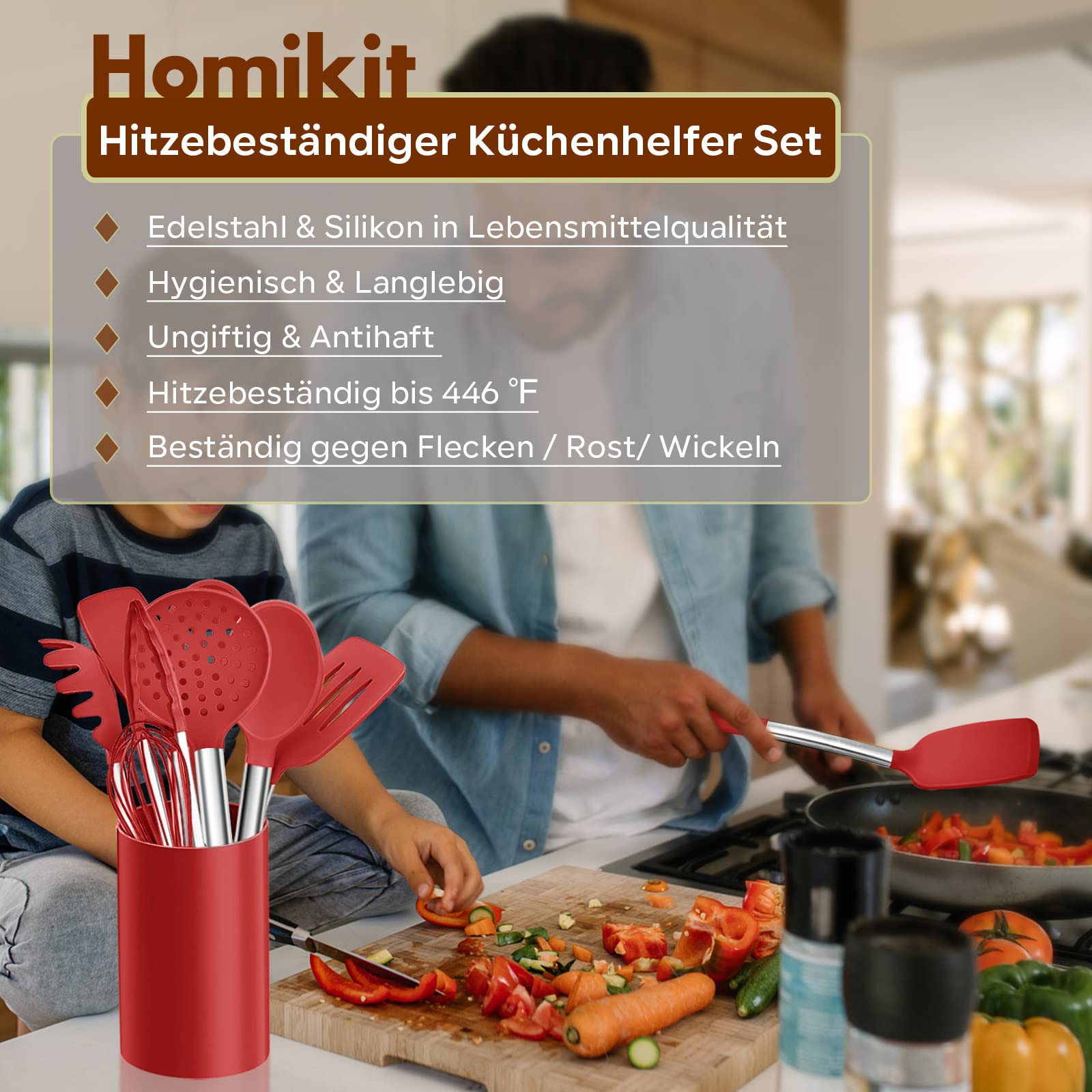 Homikit Zestaw silikonowych przyborów kuchennych, 10-częściowy zestaw przyborów kuchennych z uchwytem ze stali nierdzewnej, zestaw nieprzywierających, odpornych na wysokie temperatury naczyń
