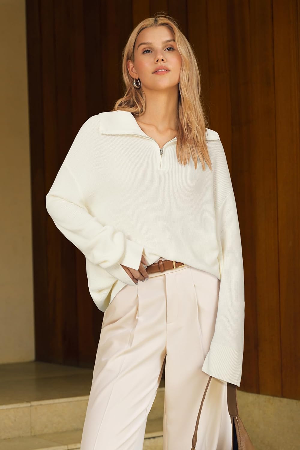 Arach&Cloz Women's Wool Blend Quarter Zip Pullover Sweater Trendy Winter Soft Casual Lapel Oversized Fit Top - Image 3