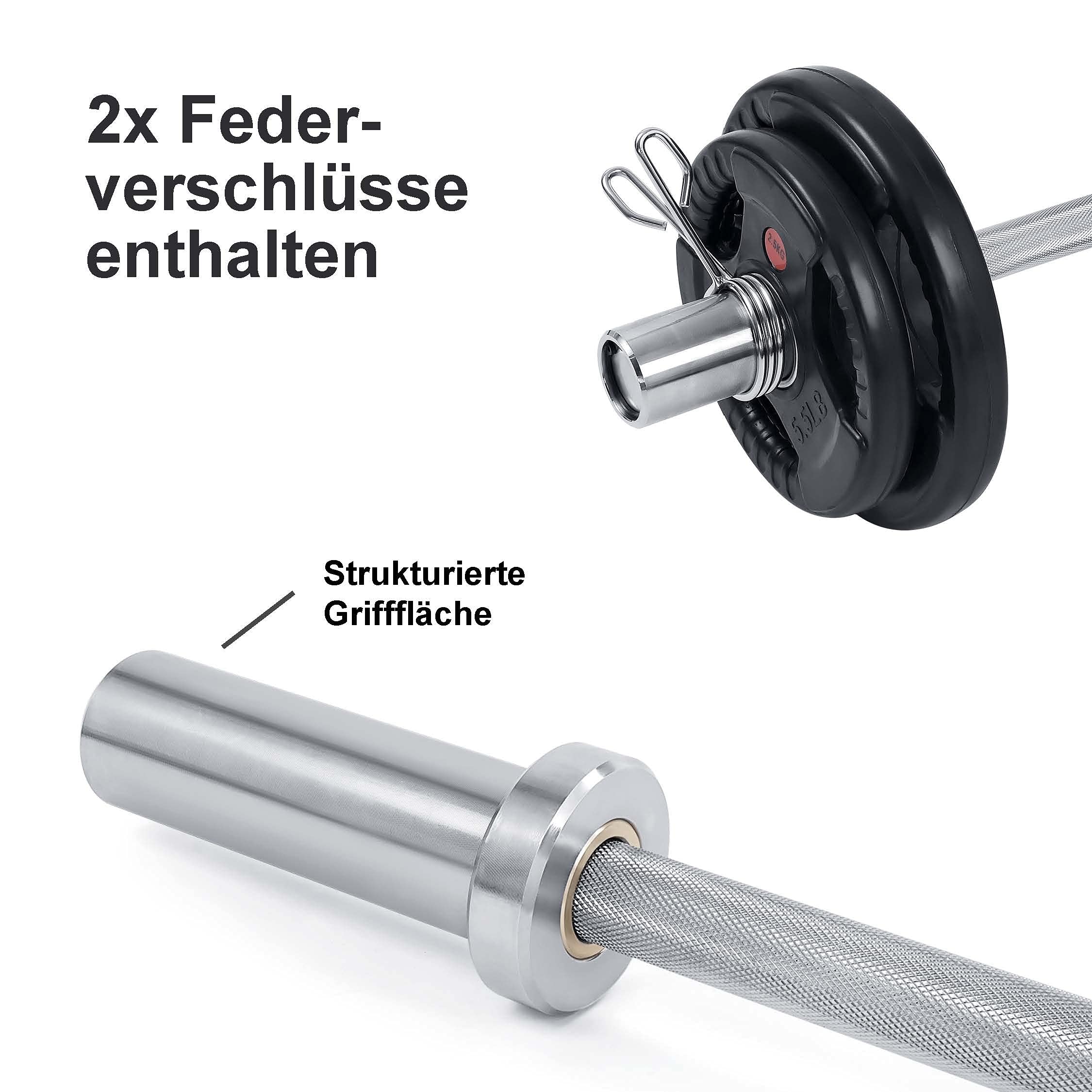 wuuhoo® Barre Curl Diego – 120cm en acier chromé, Barre d'haltère, Jusqu'à 60kg, Compatible avec toutes les plaques olympiques 50mm, Poignées moletées – Équipement de Gym à Domicile