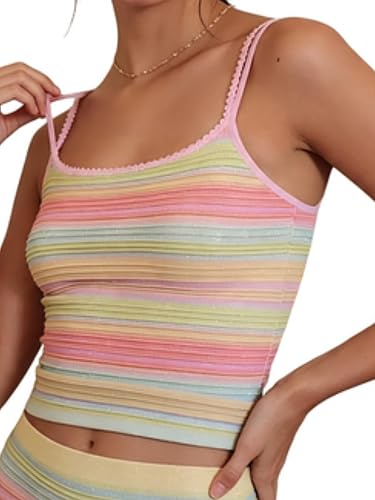 Women Rainbow Striped Cami Tank Top Y2K Sleeveless Slim Fit Short Camisole | y2k sleeveless vest, pastel stripe tank, textured knit cami, scoop neck crop top - M - A-pink