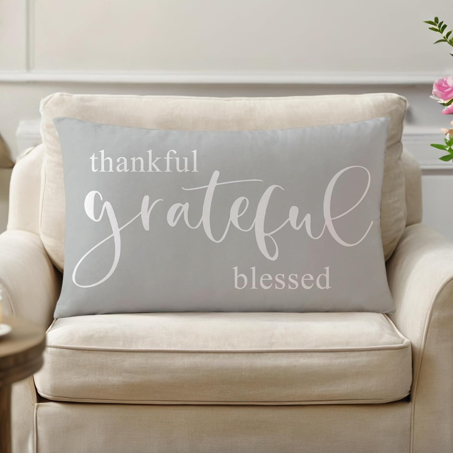 Farmhouse Inspirational Quote Throw Pillow Covers 12x20 Simply Blessed & Thankful Grateful Blessed Lumbar Cushion Case Thanksgiving Gratitude Decor Pillow Cases Set of 2, for Sofa Patio (Grey) image 2