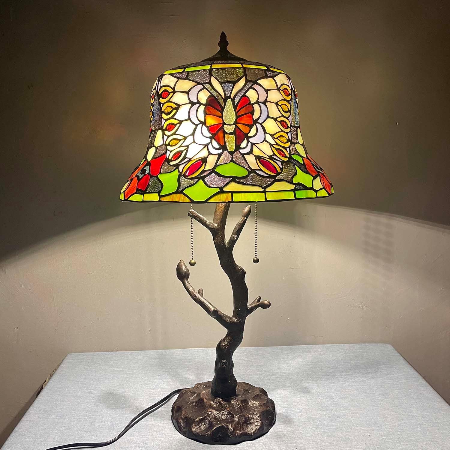 Bieye L10939 Butterfly Tiffany Style Stained Glass Table Lamp with Tree Trunk Base for Home Decor, 15" W x 27.5" H