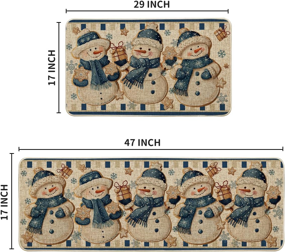 Artoid Mode Blue Snowman Gifts Snowflakes Winter Kitchen Mats Set of 2, Christmas Low-Profile Home Decor Kitchen Rugs for Floor - 17x29 and 17x47 Inch