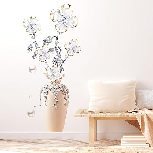 Miniatura 5 de Kingarch Calcomanías de pared 3D con diseño de florero y flores, estilo chino, clásico, floral, perlas, removibles, murales, decoración artística de