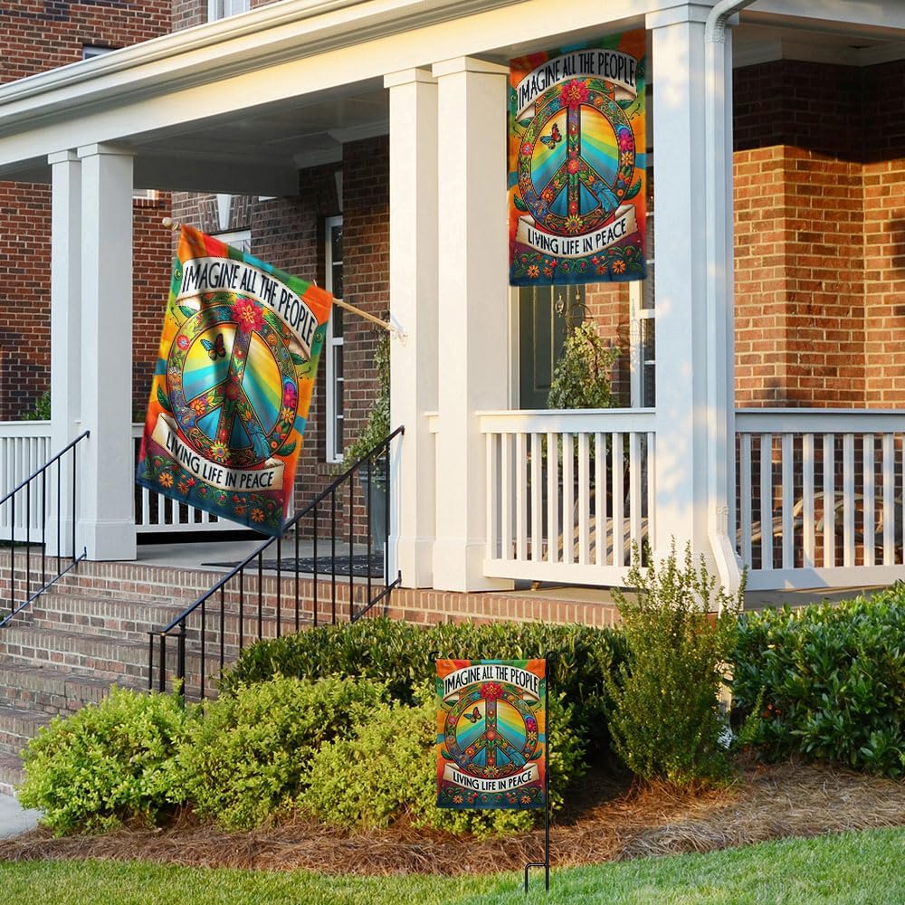 American Flag-Peace Sign Hippie Flag Imagine All The People Living Life In Peace Flag MLN3253F, Garden Flag (11.5" x 17.5")-USA Flags Premium Polyester-Decorative Indoor Outdoor Flag