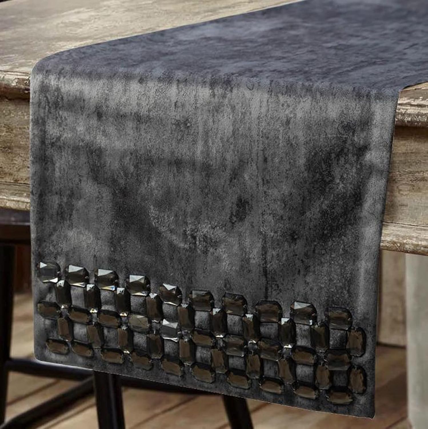 The HomeCentric Decorative Grey Table Runner 8-10 Seater Table Runner (14 x 120 inch), Crystals & Foil Table Runner, Suede Fabric Table Linen, Geometric Halloween Decorations - Crystal Susan