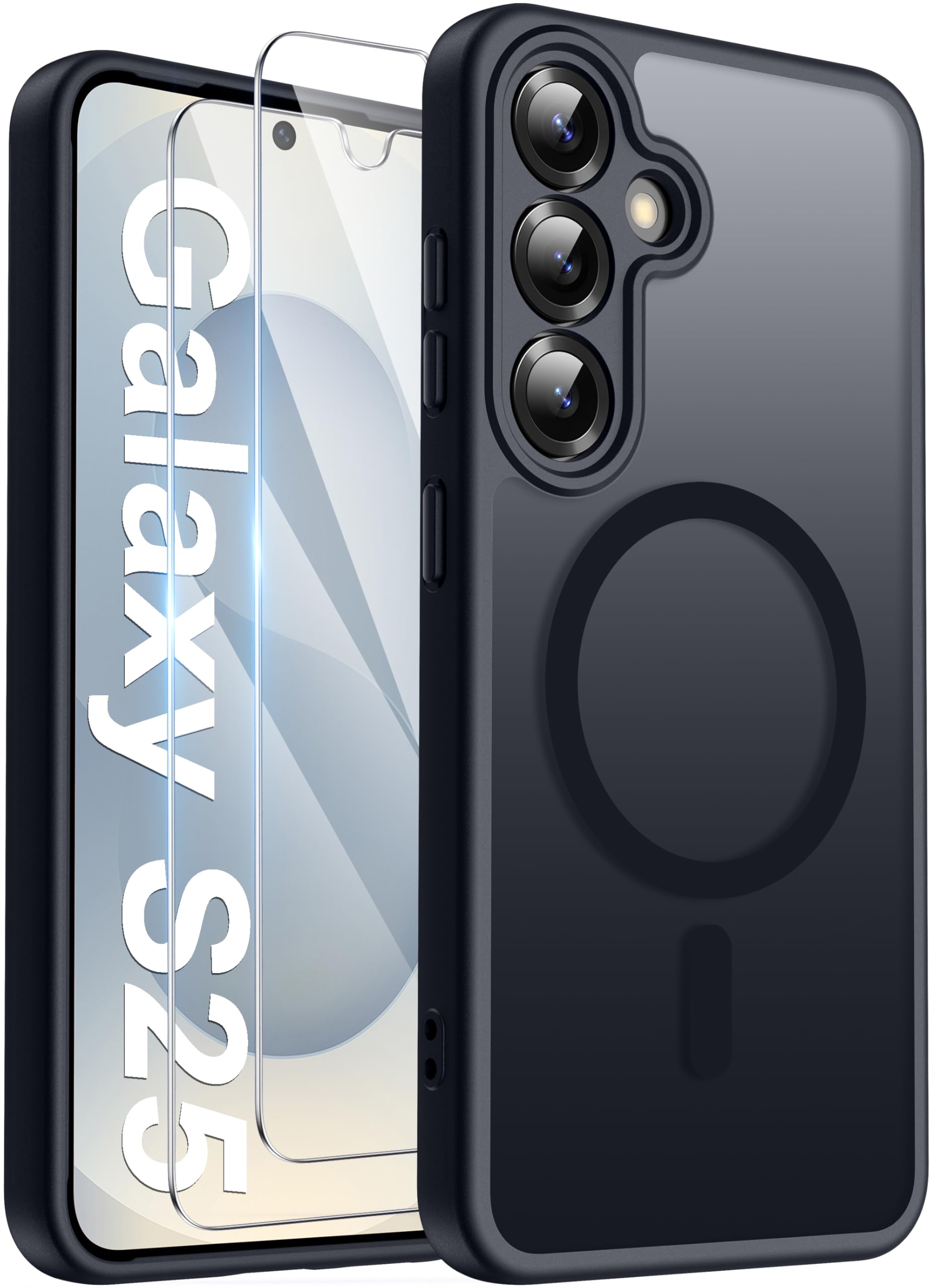 Opkiegrn für Samsung Galaxy S25 5G Hülle, Kompatibel mit MagSafe mit 2 Stück Panzer Schutz Glas Folie, KameraSchutz Folie Stoßfest Kratzfest Transluzente Matt Handyhülle für Samsung S25, Grau