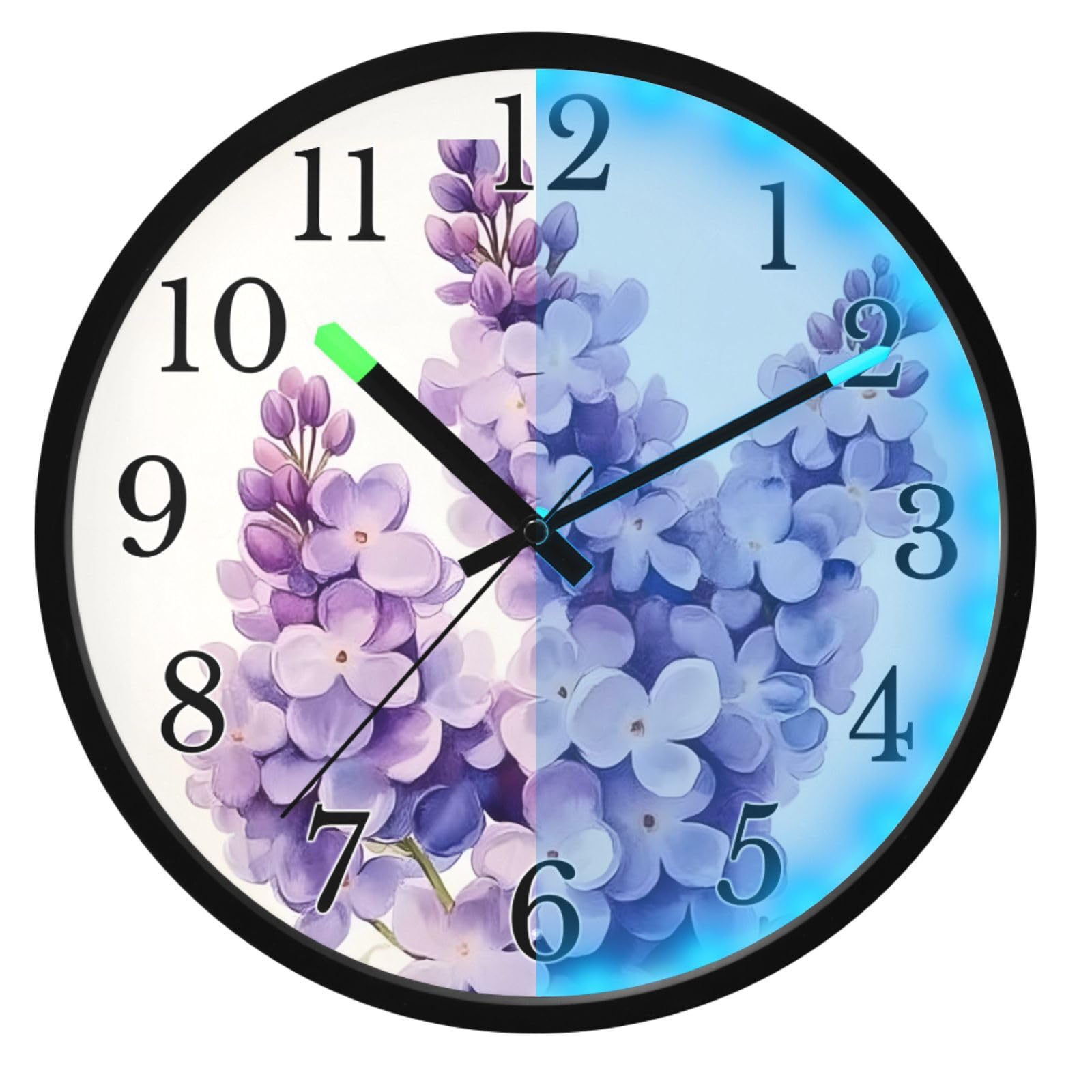 Mnsruu Reloj de pared luminoso con acuarela, color lavanda, reloj de pared que brilla en la oscuridad, funciona con pilas, silencioso, sin tictac, luz nocturna para dormitorio