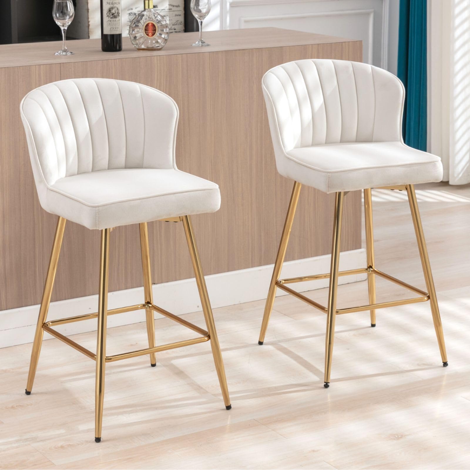 QUINJAY 30" Cream Velvet Bar Stools Set of 4, Upholstered