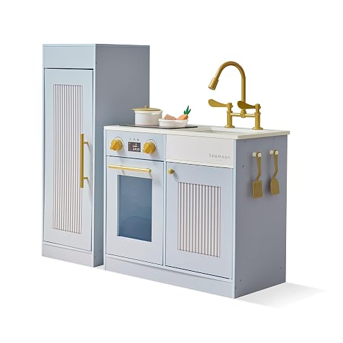 Teamson Kids Little Chef Chester Sleek Design Play Kitchen with Large 12 Pcs Food Accessories, Pretend Play Kitchen Set with Large Fridge & Oven for Kids 3+ Years Old, Blue