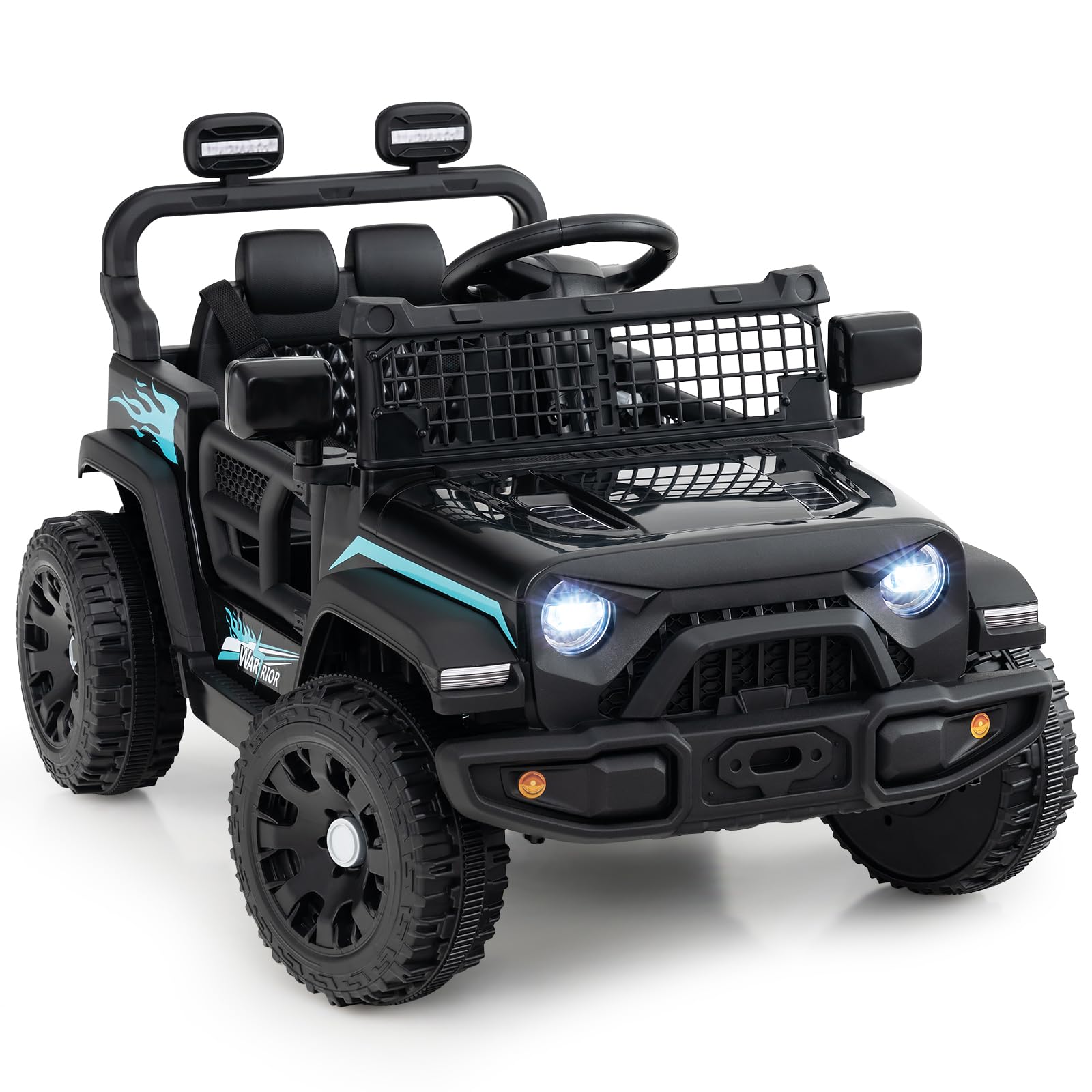COSTWAY 12V Kids Ride on Car, 2 Motors Electric Off Road Truck with Remote Control, LED Lights, Music & Horn, Battery Powered Ride on Toy for 3+ Years Old Boys Girls (Black)