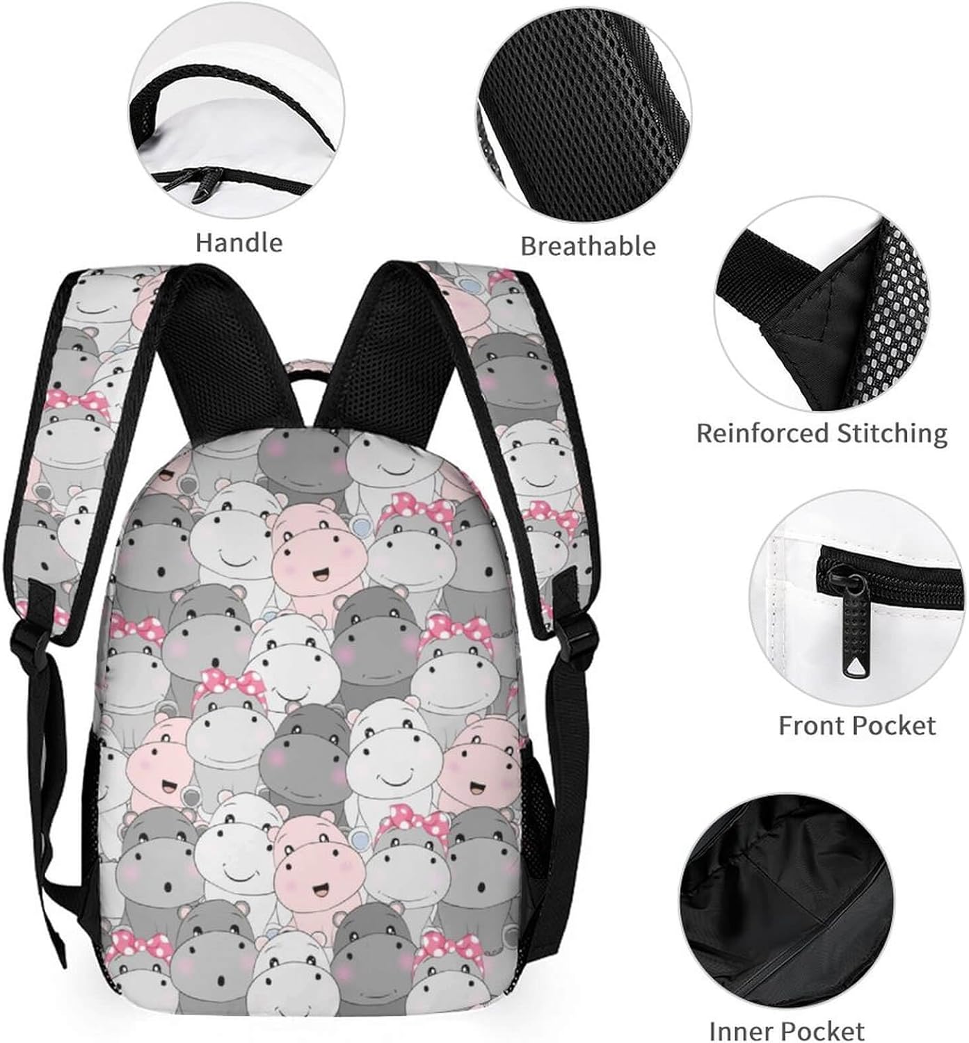 Hippo Backpack with Lunch Box & Pencil Case, 16 Inch Cute Hippo Themed Bookbag, Adjustable Lightweight Large Capacity, Colorful Hippo Backpack Set for Kids Girls Boys School - Image 3