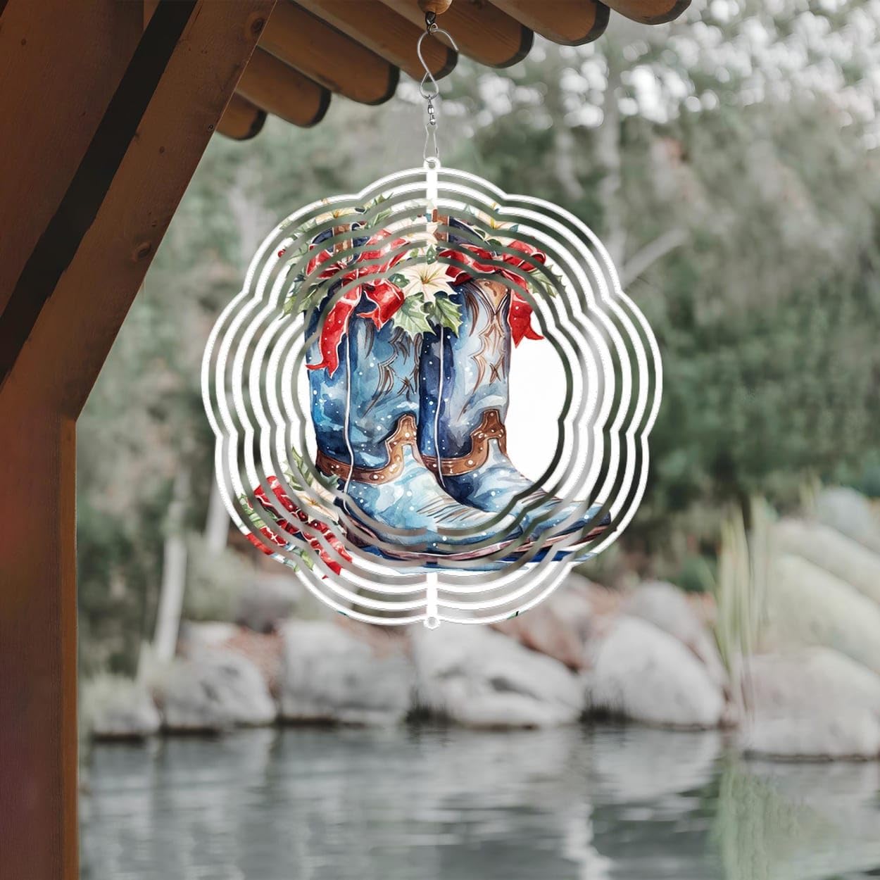 Blue Cowgirl Boots Mistletoe Christmas Wind Spinners 3D Stainless Steel Laser Cut Metal Double Sided Printing-Hanging Indoor/Outdoor Decorations Yard Gardening Decor,Metal Kinetic Art 14x14 inches