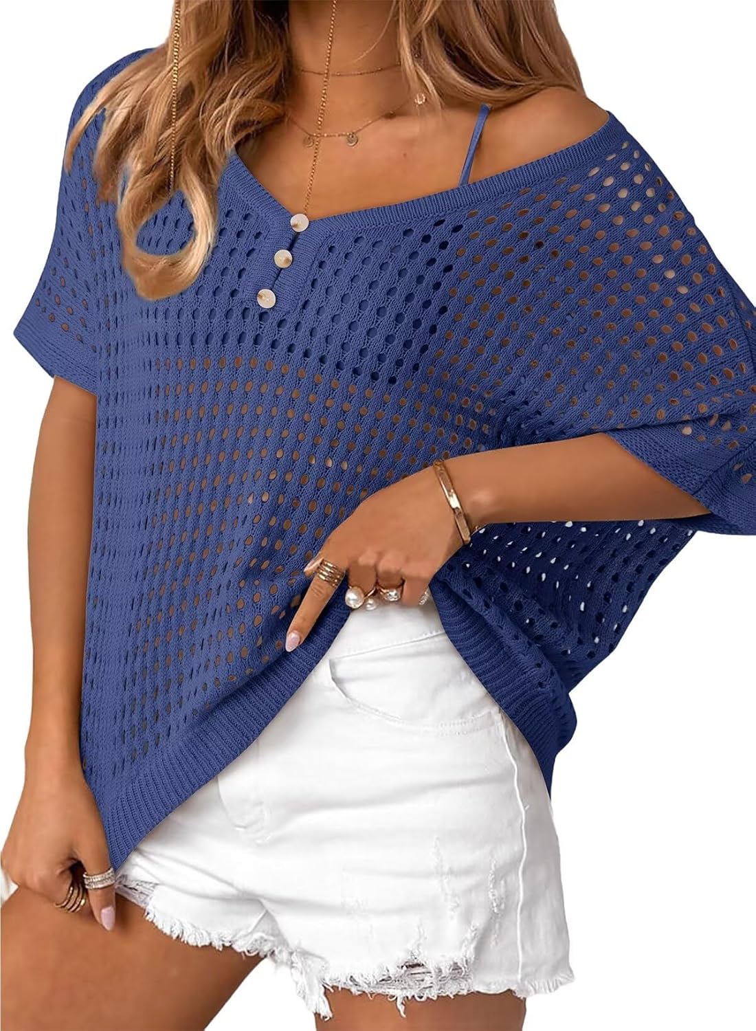 Dokotoo Womens Summer V Neck Short Sleeve Button Down Sweater Casual Crochet Hollow Out Knit Tops Beach Coverup