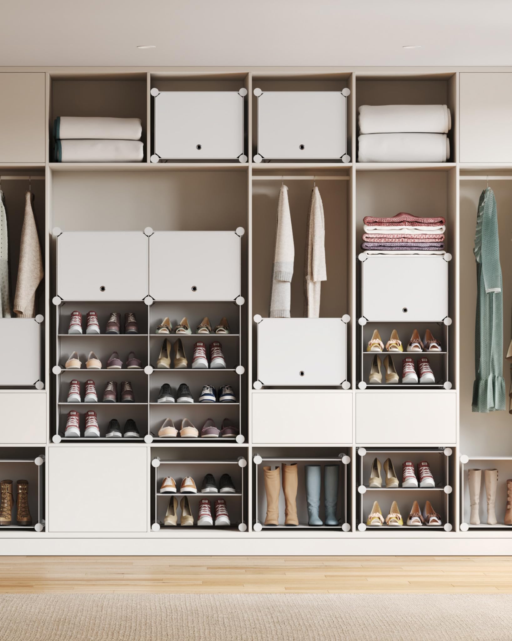 Mondeer Meuble Chaussure 10 Compartiments,pour 40 Paires,Plastique,Blanc | Étagère à Chaussures 3x7 Niveaux,Rangement Chaussures Modulable avec Porte,Crochet,Cadre en Acier,Couloir,Chambre,Entrée