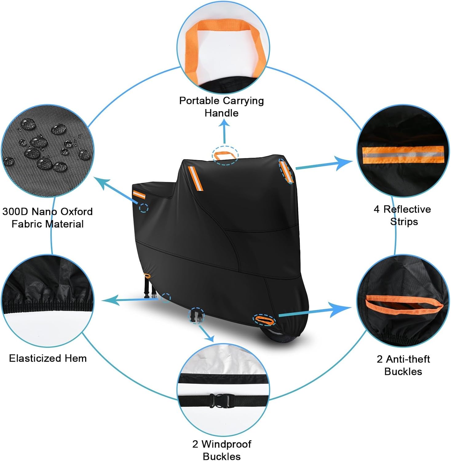 Moped Cover Waterproof Outdoor, Motorbike Scooter Covers for Outside Sun Rain Dust Protection with 4 Reflective Strips and 2 Fixed Buckles, 2 Lock-Holes for Motorcycle Sportbike (M: 72 x 33 x 39 inch)