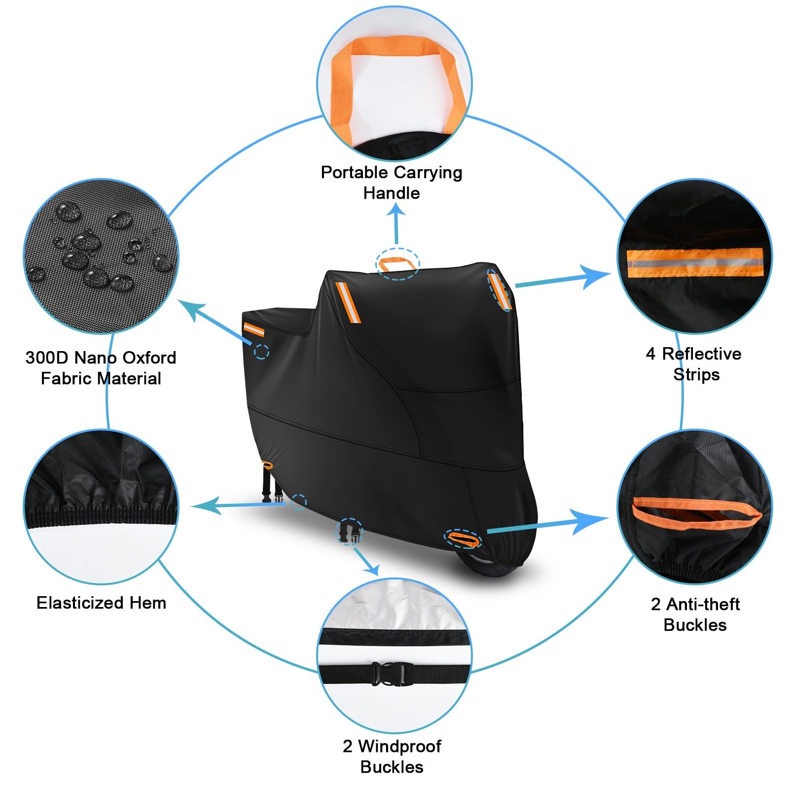Wasserdichte Motorradabdeckung Outdoor, Motorrad Roller Moped Regen Staubschutz Abdeckung mit 4 Reflexstreifen und 2 Winddichten Schnallen, 2 Schlosslöchern für die meisten Motorräder (3XL:264.2*88.9
