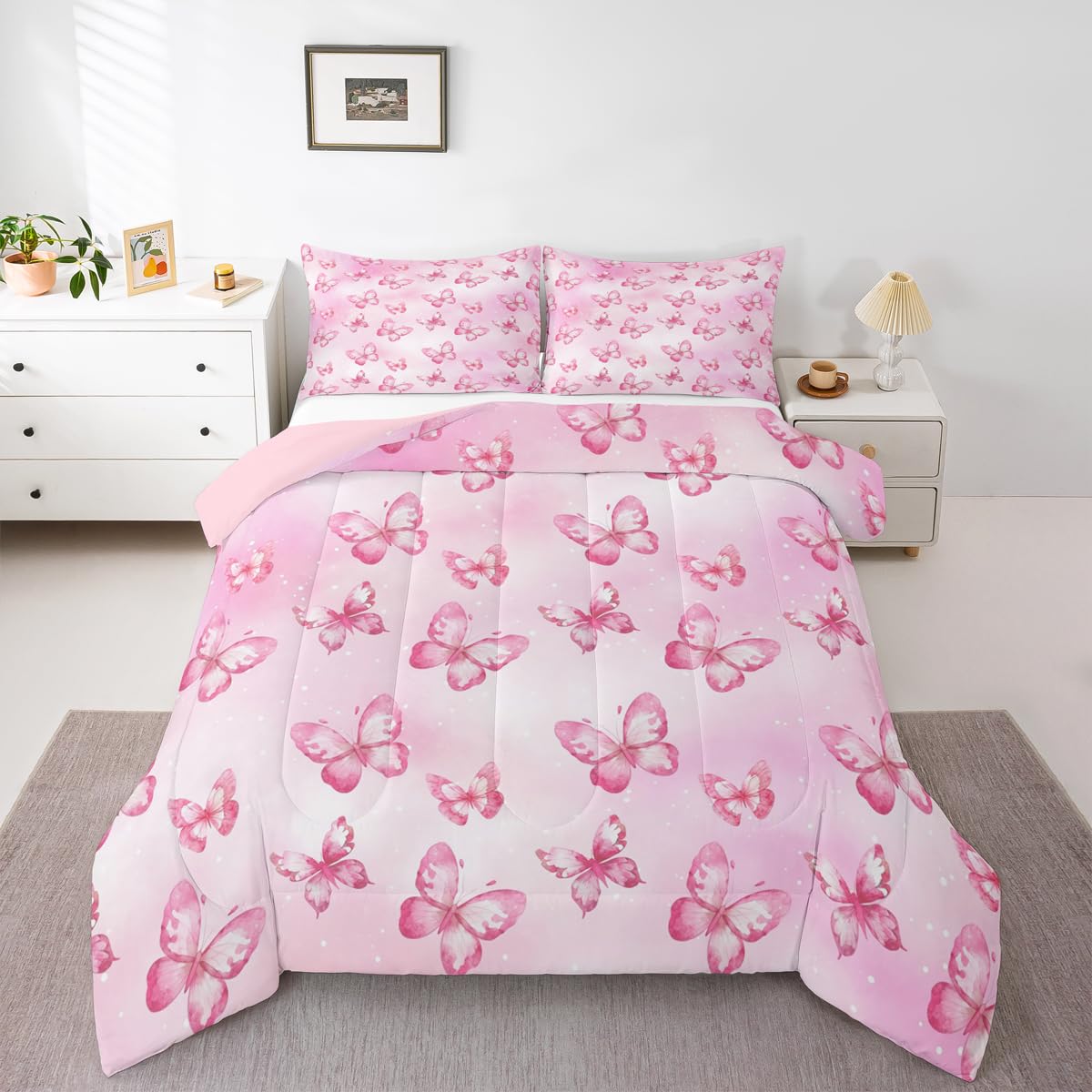 Erosebridal Pink Butterfly Comforter Set for Kids Boys Girls 3D Pink Dreamy Butterfly Bedding Colorful Ink Stick Printing Duvet Set All Season Microfiber Comforter Queen with 2 Pillowcases