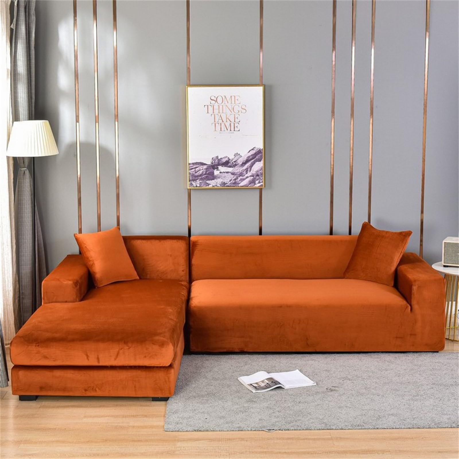 Odot Sofa Cover,Stretch Silver Fox Velvet Sofa Cover 1 2 3 4 Seater,Breathable Soft Sofa Slipcovers,for Corner Sofa Cover L Shape,Couch Cover Non Slip Furniture Protector Cover (Dark orange,3 Seater)