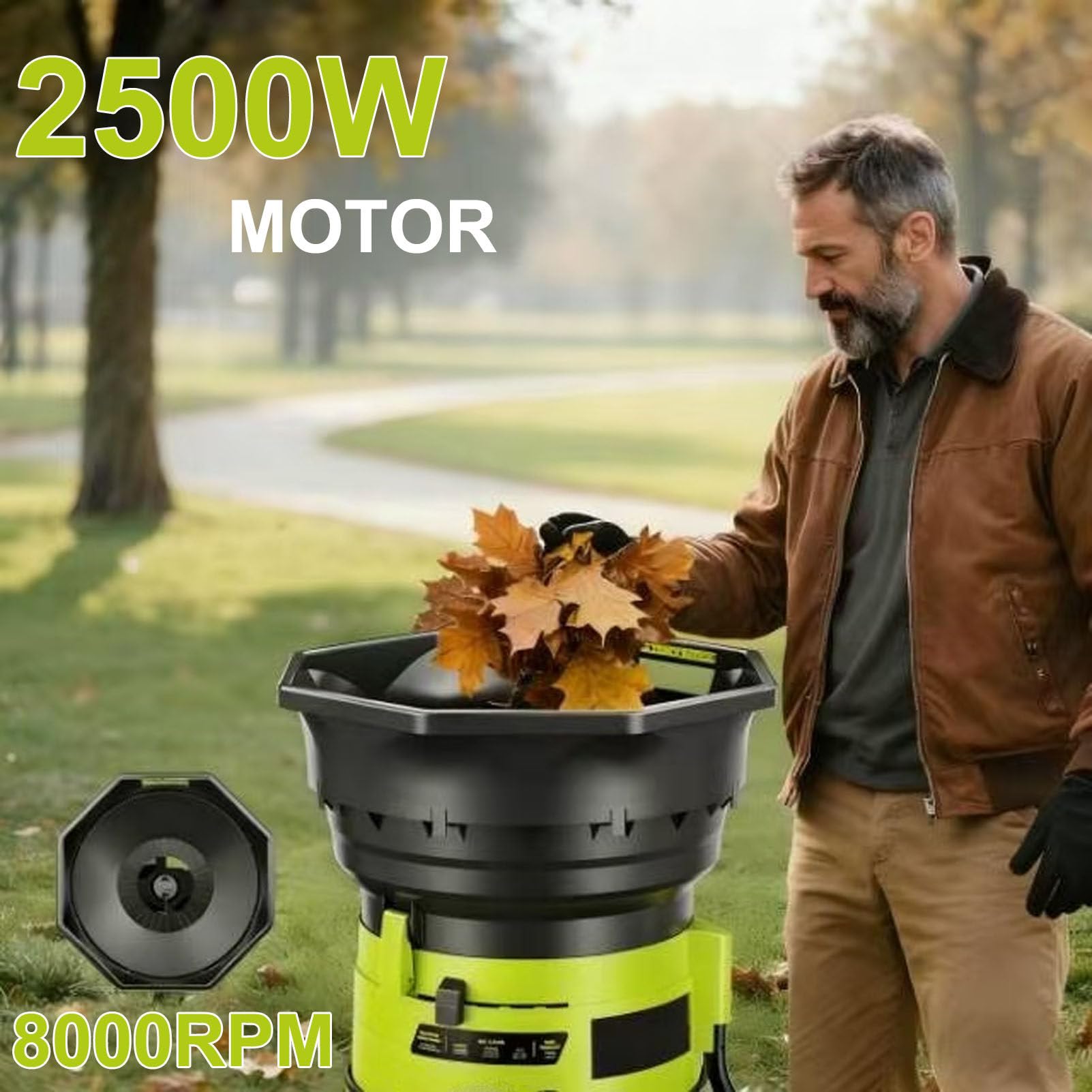 Trituradora de jardín eléctrica, trituradora de Hojas, 2500 W de Potencia, 8000 RPM, relación de trituración de 17:1, para el Mantenimiento del jardín doméstico. LeafShredder+NoPowercord