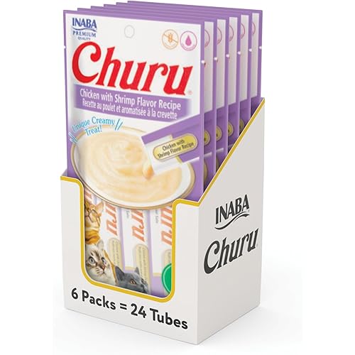 INABA Churu Cat Treats, Grain-Free, Lickable, Squeezable Creamy Purée Cat Treat/Topper with Vitamin E & Taurine, 0.5 Ounces Each Tube, 24 Tubes (4 per Pack), Chicken with Shrimp Recipe