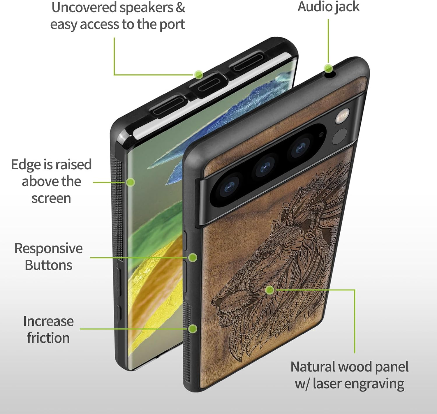 Carveit Wood Case for Google Pixel 8 Pro - Natural Wood & Black Soft TPU - Shockproof Protective Cover - Unique Wooden Case - Ornate Lion's Head - Walnut