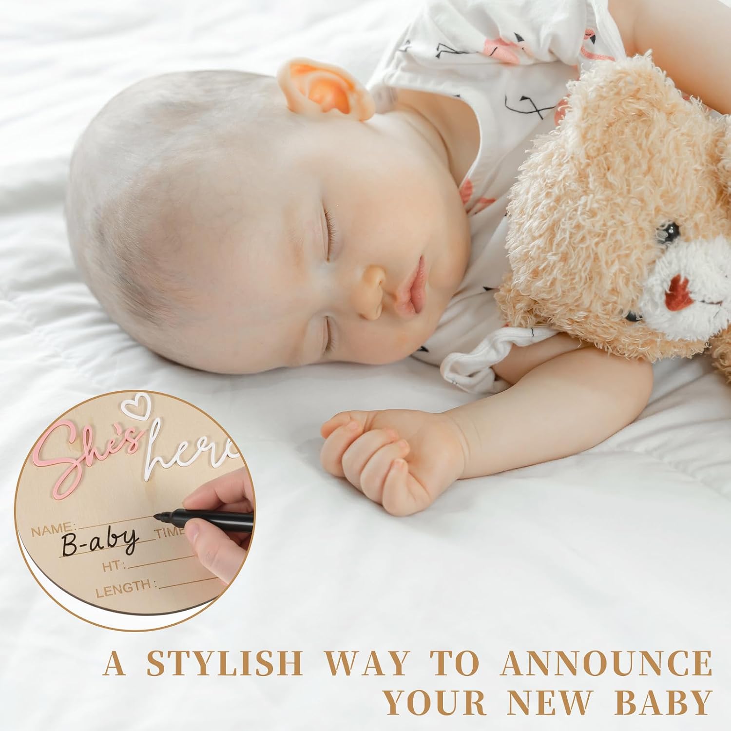 Birth Announcement Sign Wooden She’S Here Baby Sign 5.83Inch Round Welcome Baby Signs for Newborn Girls Photo Props Babys Shower Hospital Nursery