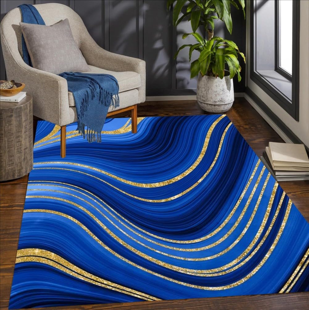 Marble Stripe Gradient Modern Abstract Washable Royal Blue Gold Area Rug 5x7 Non Shedding Wool Soft Unique Aesthetic Rug for Bedroom Diningroom Lux Art Deco Office Dorm Indoor Floor Carpet