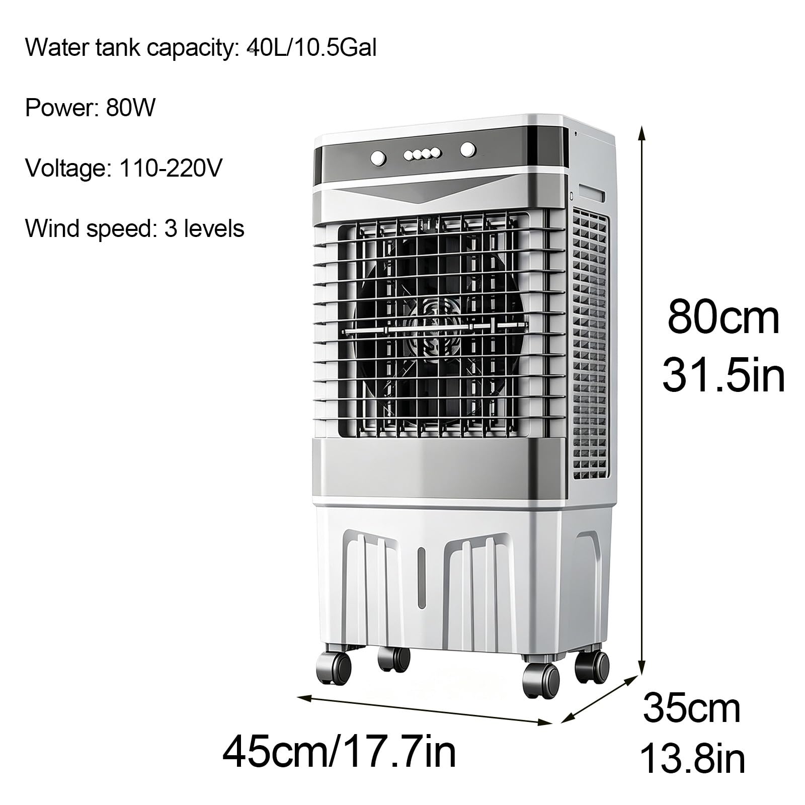 Klimatyzator Przenośny, Zbiornik 40L, 3 Prędkości Szeroki Nawiew | Przenośny Klimatyzator Parowy, Moc 80W, Oscylacja 120°, do Garażu Sypialni Lokalu