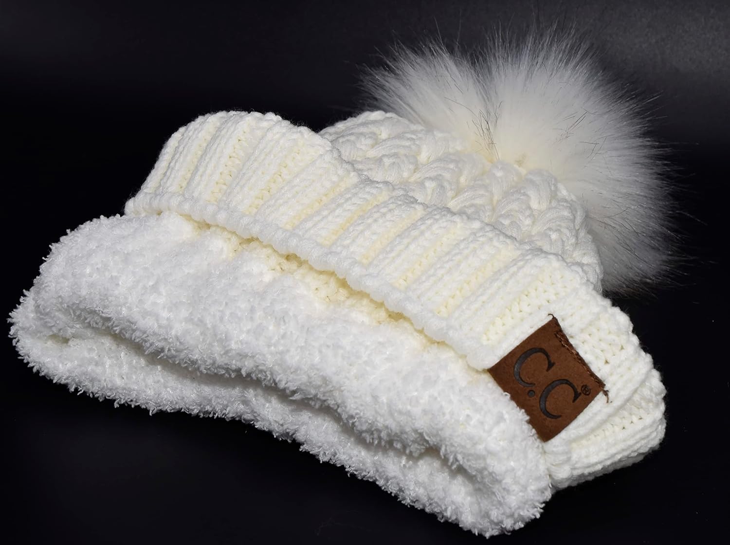 C.C Knit Beanie Hat – Fuzzy Fleece Lined Warm Winter Hat, Faux Fur Pom Soft Stretchy Slouchy Knit Cap, Cold Weather Beanie - Image 4