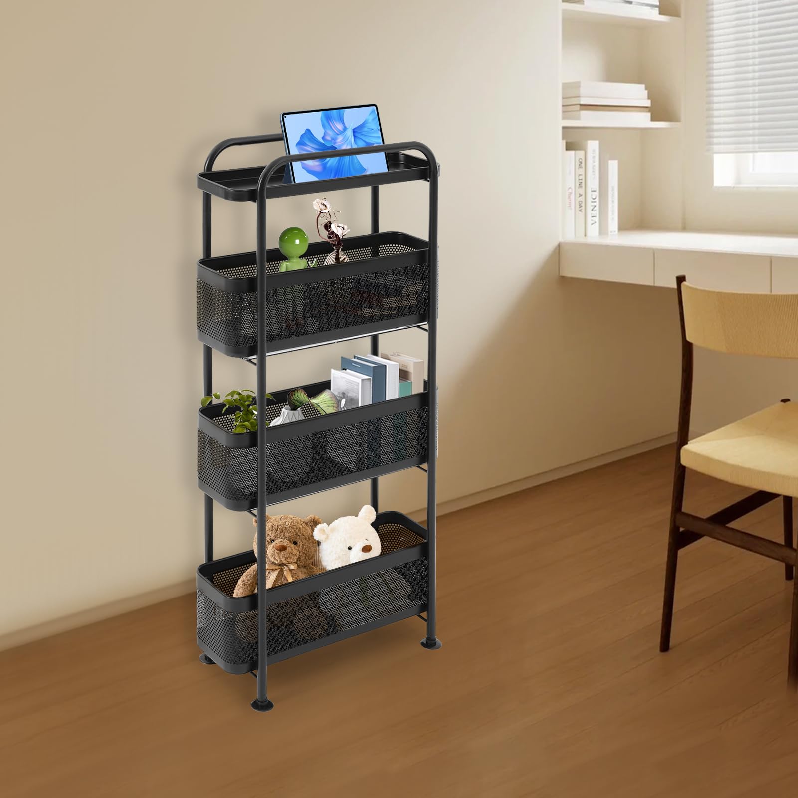 Carrello sottile con 4 cesti estraibili, carrello per nicchia, carrello da cucina sottile, in acciaio al carbonio, salvaspazio, versatile, per cucina, bagno, soggiorno