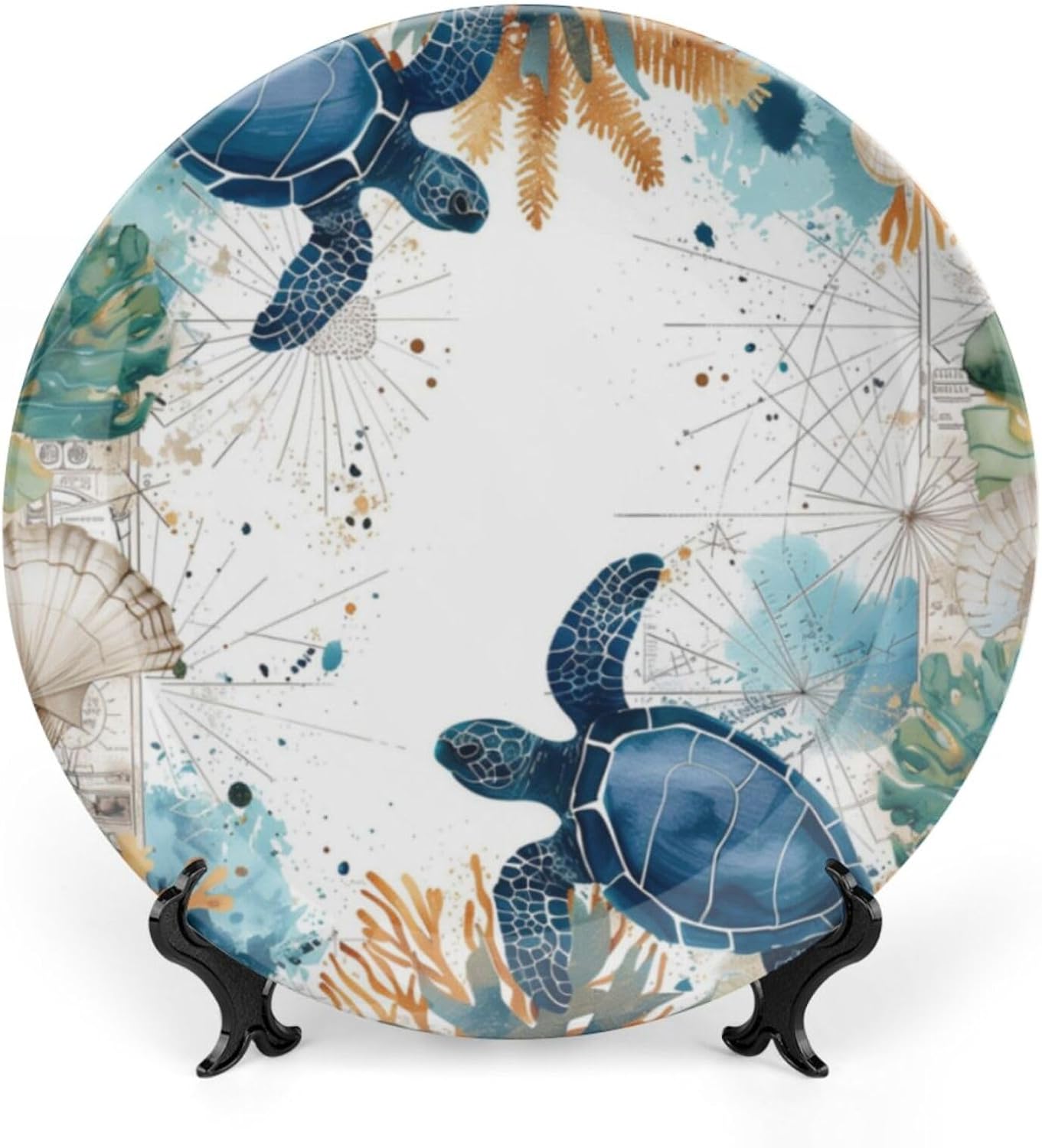 Nautical underwater theme Decorative Ceramic Plate Round Porcelain Plate,Retro marine life turtle pattern,for Decorative Ornaments Giving Plates, 1 Plate with 1 Display Stand,Blue turquoise,10 inch