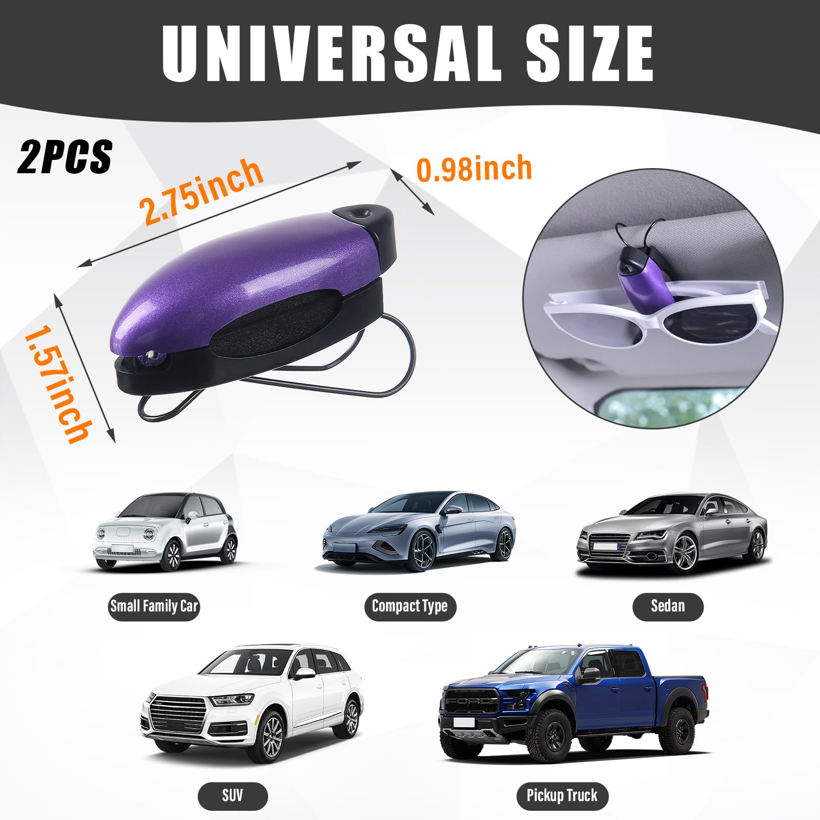 Kewucn 2 PCS Car Sunglasses Holders, Eyeglasses Glasses Hanger Clip for Car Sun Visor, Sunglasses Mount Ticket Card Clip, Universal Auto Visor Accessories for Different Size Eyeglasses (Purple)