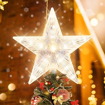 8.7 Inch Glitter Silver Star Tree Topper - Star Tree Topper with 31 LED and 5V Adapter Powered Tree Topper Light for Christmas Tree Decoration 8" 31LED Tree TopTree Top,Star Warm White