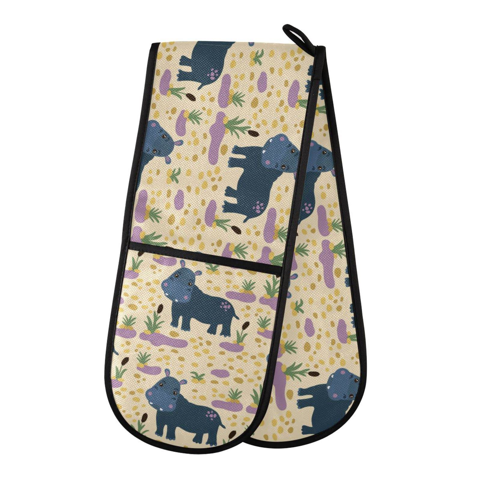Double Oven Glove Cute Animal Hippo Pattern Heat Resistant Double Ovens Mitt Modern Cooking Gloves Potholders